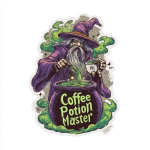 /imagine hand-drawn wizard in a fantasy robe brewing coffee in a...