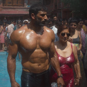 Photo Hyperrealism, painting,a muscular beefy kashmiri man walki...