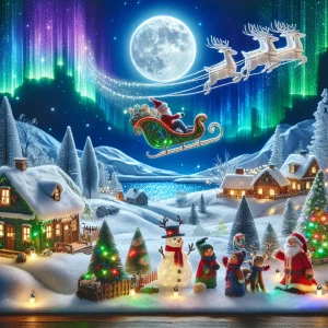 Create an image of a magical Christmas scene that includes a sno...