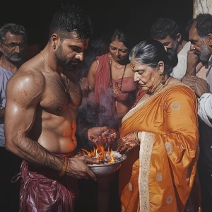 Hyperrealism art style,a muscular beefy sweaty man standing arou...