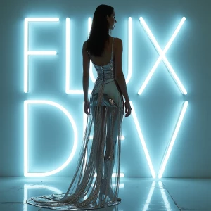 A futuristic and visually striking digital artwork with "Flux Dev" text. A high-fashion editorial photoshoot featuring a model in an avant-garde dress made of liquid metal, set against a minimalist backdrop.