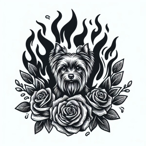 A Yorkie, surrounded by roses and fire