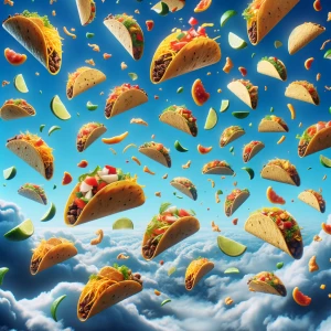 Imagine a surreal scene where a multitude of tacos cascade whims...