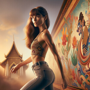 Athletic Thin skinny Attractive, Asian teenage girl, long brown hair and bangs, wearing tight skinny jeans and a halter top paint marks on her clothing, heroic pose Asian graffiti background, backside view