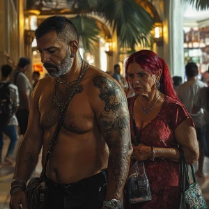 Photorealism,.A sweaty beefy man walking with his 54 year old ka...