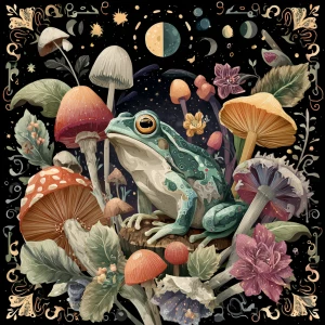 Whimsical illustrated frog, mushrooms, moon phases, mystical for...