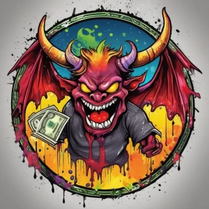 Design a cartoon-style circular logo featuring a cheeky demon we...