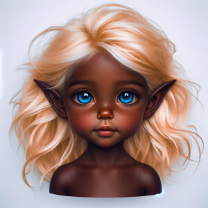 A little baby elf girl with dark brown skin, blue eyes, and blon...