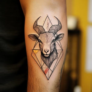 Colourful geometric tattoo of a wild goat, front on, sketch styl...