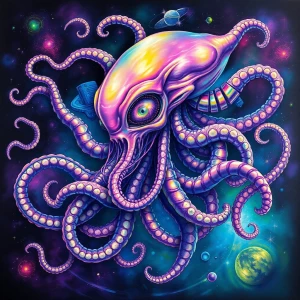A whimsically eccentric cosmic tentacled alien, its multitude of...
