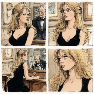 Brigitte bardot in a noir movie, by milo manara, four Frames