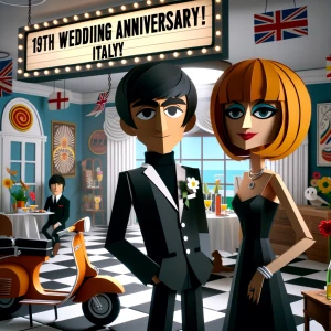 ‘Happy 19th Anniversary!’ Written
A 60s mod vibe with a tan male...