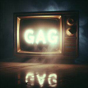 Eerie scene of a tube tv with the word “GAG” on the screen