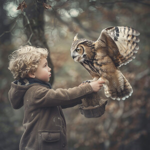 Boy with owl on his hand