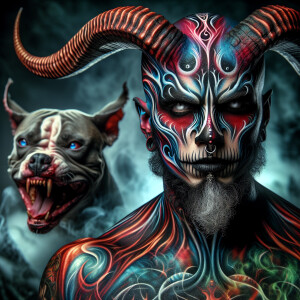 macabre ultra-detailed intense demonic man with curved goat horn...