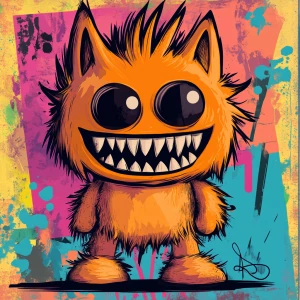 Stylized character portrait of a mischievous designer toy creat...