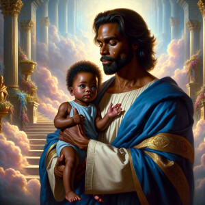 Classical oil painting style depicting an African-American Jesus...