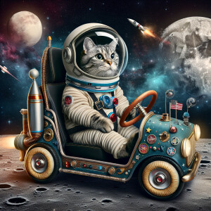 the cat in the car driving to the moon