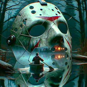 A haunting illustration centered around an iconic hockey mask wi...