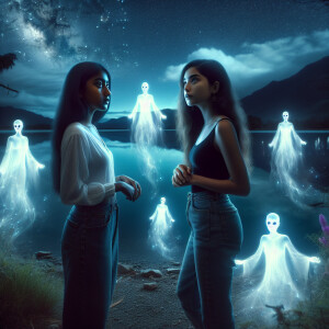 Two girls are standing by the lake at night and souls are flying...