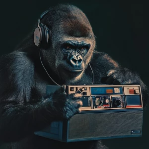 Gorilla pressing a button on a boombox