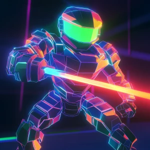 Create a low-polygon count alien warrior character featuring bright neon block-like armor and sharp, glowing laser claws. This character is engaged in combat within a vintage 1990s 3D video game style arena reminiscent of the 3DO Interactive Multiplayer console graphics.