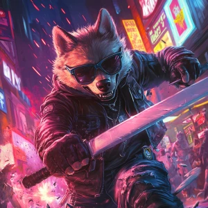 DOGE MEME wearing sunglasses and a leather jacket, mid-swing wit...