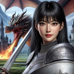 Design an image featuring a stoic female knight in medieval armor, posing heroically with a sword, against a backdrop of a fire-breathing dragon and a majestic castle. She has long, straight black hair with bangs, dark expressive eyes emphasized by eyeliner and eyeshadow, and arched, well-defined eyebrows. Her fair to medium skin tone is complemented by a warm, friendly smile with dimpled cheeks, a straight, well-proportioned nose, and full lips. The knight brandishes a shield, defending against the dragon's fiery onslaught, embodying the essence of a brave warrior engaged in battle.