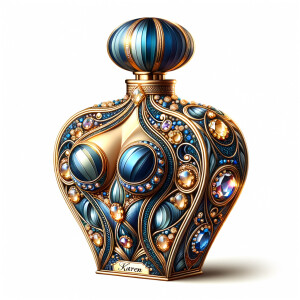 Create a 3-D realistic blue and gold, colorful jewels perfume b...