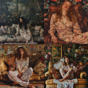 A girl in pajamas sitting on a sofa surrounded by a pre-Raphaeli...