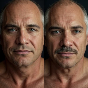 Create a side-by-side close up image of a man in his mid-forties...
