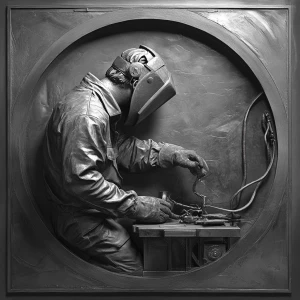 Welder, grayscale 3d bas relief, round border