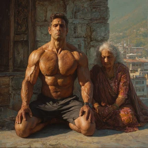 HyperRealism,photo real painting.A man muscular beefy sweaty doi...