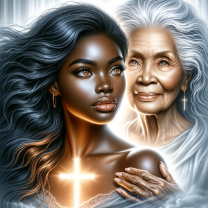 Create a realistic airbrushed illustration of an African-American woman with long, wavy black hair and hazel brown eyes, feeling a comforting embrace from her deceased grandmother, who stands behind her with arms wrapped around her in a gentle hug. The grandmother, depicted as a beautiful, ethereal presence, has graceful gray hair. Between them, a radiant cross symbolizes hope, faith, and the unbreakable bond that transcends the physical realm. This poignant scene captures a moment of spiritual connection and the enduring love between generations, set against a serene backdrop that emphasizes the sanctity of their bond. Ensure the illustration conveys a sense of peace, love, and transcendence, in a heavily HDR style at 300 dpi.