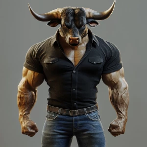 Create a photorealistic image of a Taurus man-bull hybrid with e...