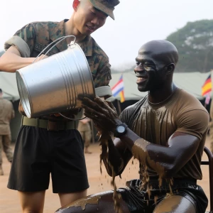 Draw a 25 year old bald soldier in black shorts, his comrade is...