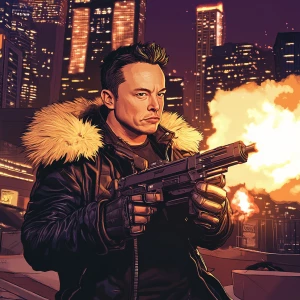 Elon Musk in GTA art style, Elon is firing rocket launchers dua...