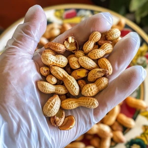 a close-up of a hand wearing a white disposable glove holding a handful of roasted or fried peanuts. The peanuts vary in size and color, with some appearing more golden-brown than others. Some peanuts are whole, while others are split in half, revealing their inner texture. The background includes a plate with more peanuts scattered on it, which has a floral design with yellow and white colors. The lighting suggests the use of a camera flash, as there are visible reflections on the glove and peanuts. This setup indicates a hygienic handling process, possibly for food packaging or preparation.