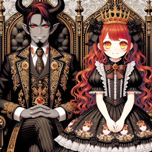 A girl with elegant gothic lolita dress sit beside handsome Luci...