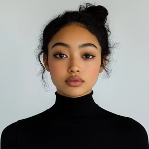 Portrait of an 18-year-old Blasian woman with a clean and modest...