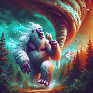 Bigfoot walking through the forest wearing sunglasses eating an...