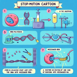 Show DNA unzipping in the nucleus.
RNA polymerase copies the ge...