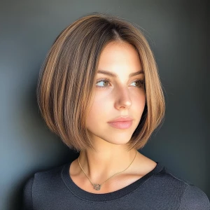 a woman, look to the camera, Layered bob hairstyle
