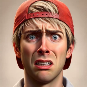 Create a hyper-realistic image of a man wearing a red baseball c...