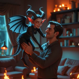 "A regular-sized man gently lifting a small female demon with el...