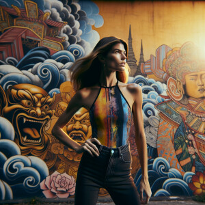 Athletic Thin skinny Attractive, Asian teenage girl, long brown hair and bangs, wearing tight skinny jeans and a halter top paint marks on her clothing, heroic pose Asian graffiti background, side view