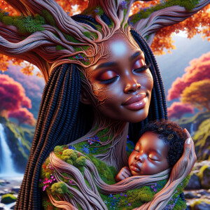 Create a close-up, hyper-realistic 3-D oil painting of a tree wi...