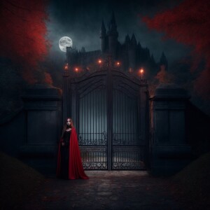 Cara delevingne dressed as Dracula, with a black cape with red s...