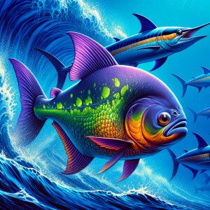 Purple lime piranha no teeth swimming with a marlin