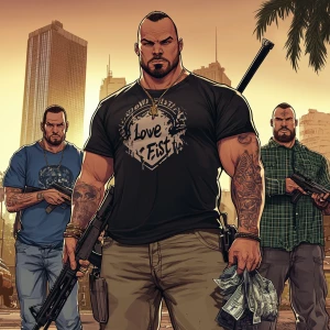 A muscular man with a stern expression stands in the center of t...